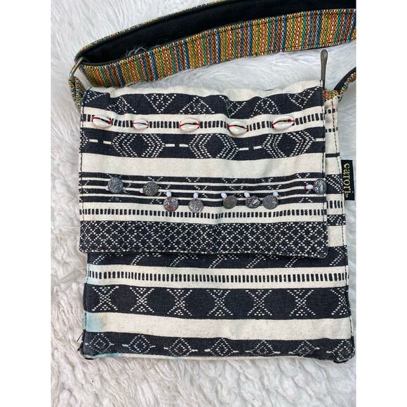 Catori Black White Striped Embellished Canvas Crossbody Boho Bag - Picture 3 of 8